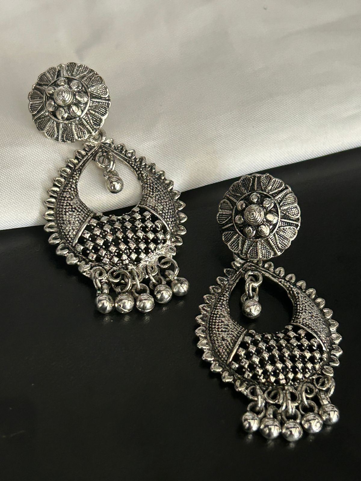 Oxidized Silver Dangler Earrings with Floral Stud and Beaded Detailing